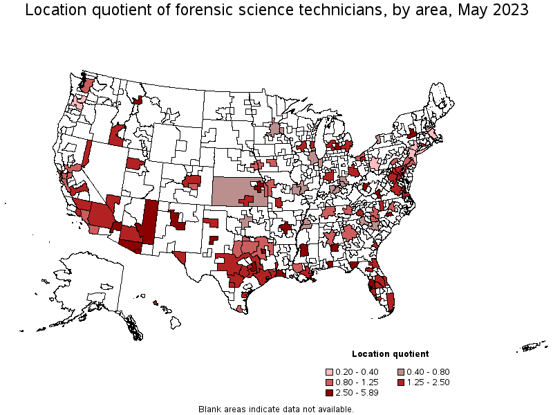 Map of location quotient of forensic science technicians by area, May 2023