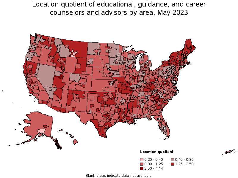 Map of location quotient of educational, guidance, and career counselors and advisors by area, May 2023