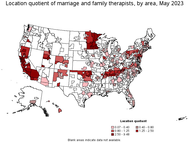 Map of location quotient of marriage and family therapists by area, May 2023
