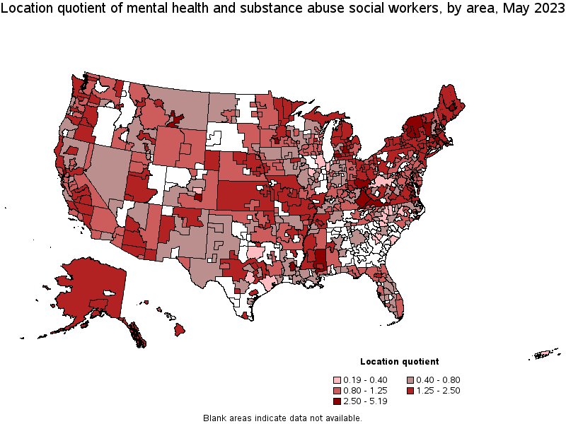 Map of location quotient of mental health and substance abuse social workers by area, May 2023