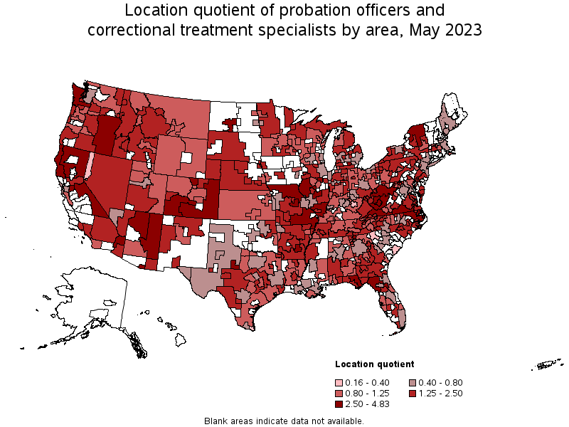 Map of location quotient of probation officers and correctional treatment specialists by area, May 2023