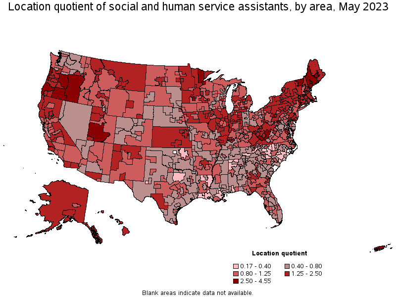 Map of location quotient of social and human service assistants by area, May 2023