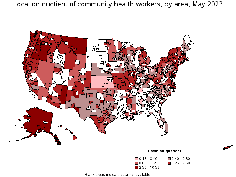 Map of location quotient of community health workers by area, May 2023