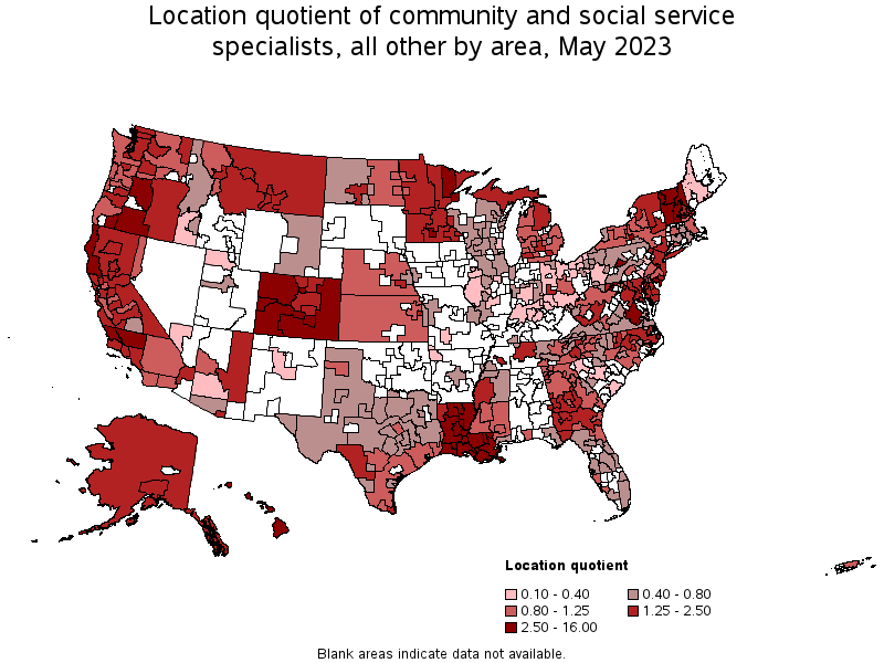 Map of location quotient of community and social service specialists, all other by area, May 2023