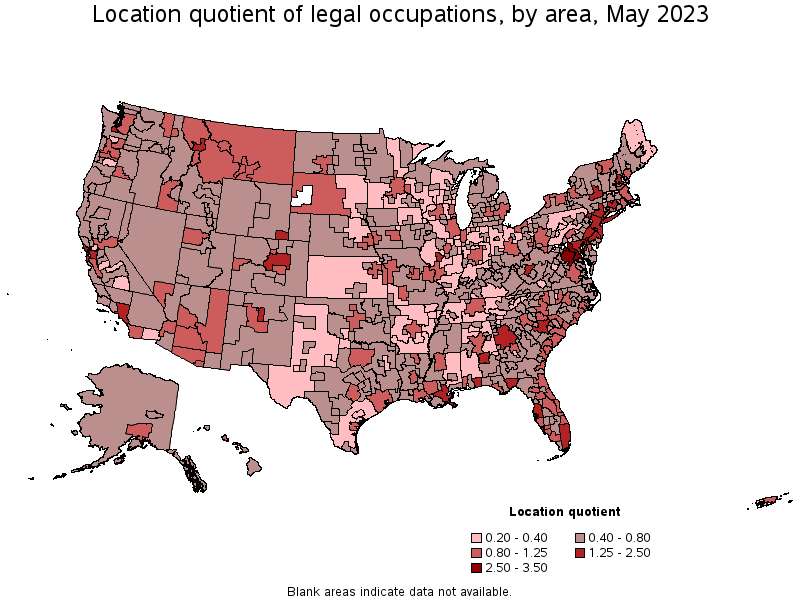 Map of location quotient of legal occupations by area, May 2023
