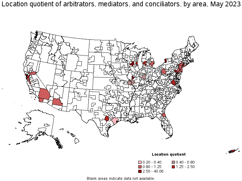 Map of location quotient of arbitrators, mediators, and conciliators by area, May 2023