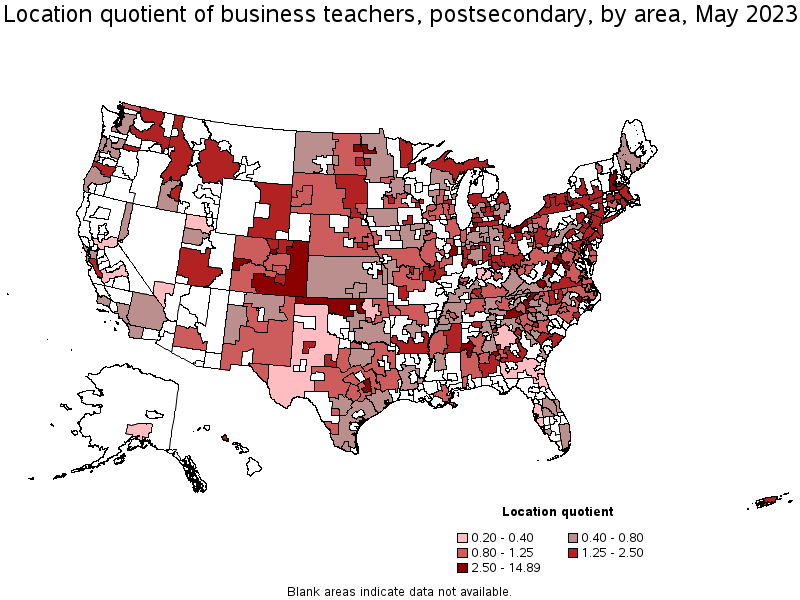 Map of location quotient of business teachers, postsecondary by area, May 2023