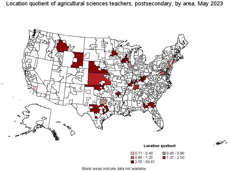 Map of location quotient of agricultural sciences teachers, postsecondary by area, May 2023