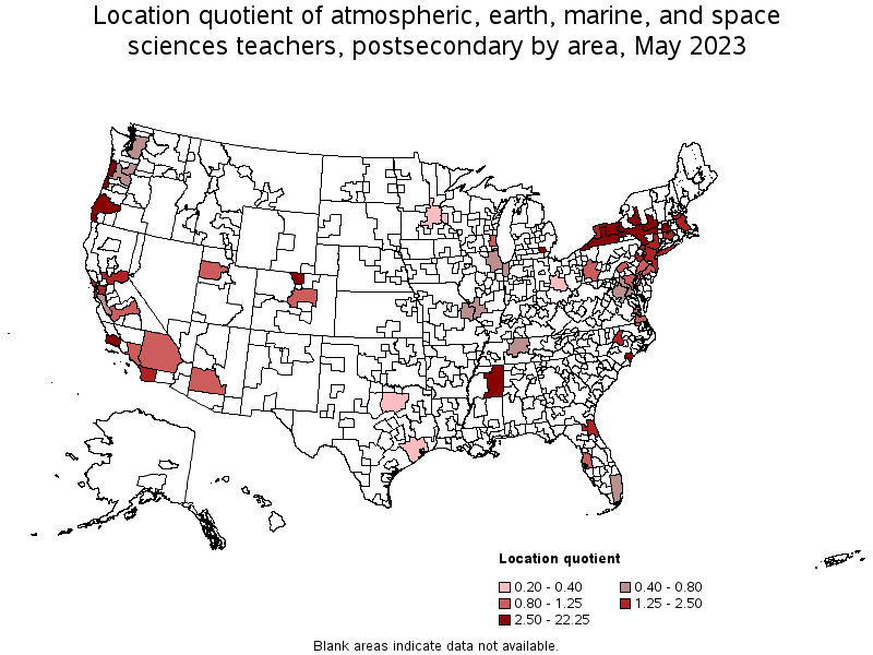 Map of location quotient of atmospheric, earth, marine, and space sciences teachers, postsecondary by area, May 2023