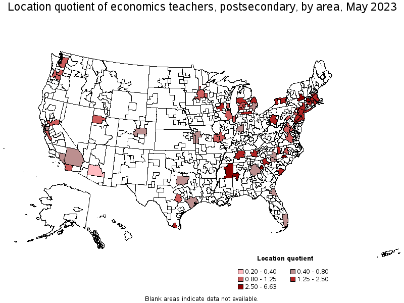 Map of location quotient of economics teachers, postsecondary by area, May 2023