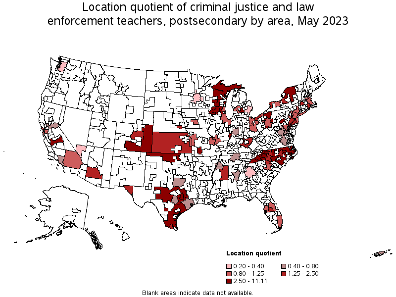 Map of location quotient of criminal justice and law enforcement teachers, postsecondary by area, May 2023