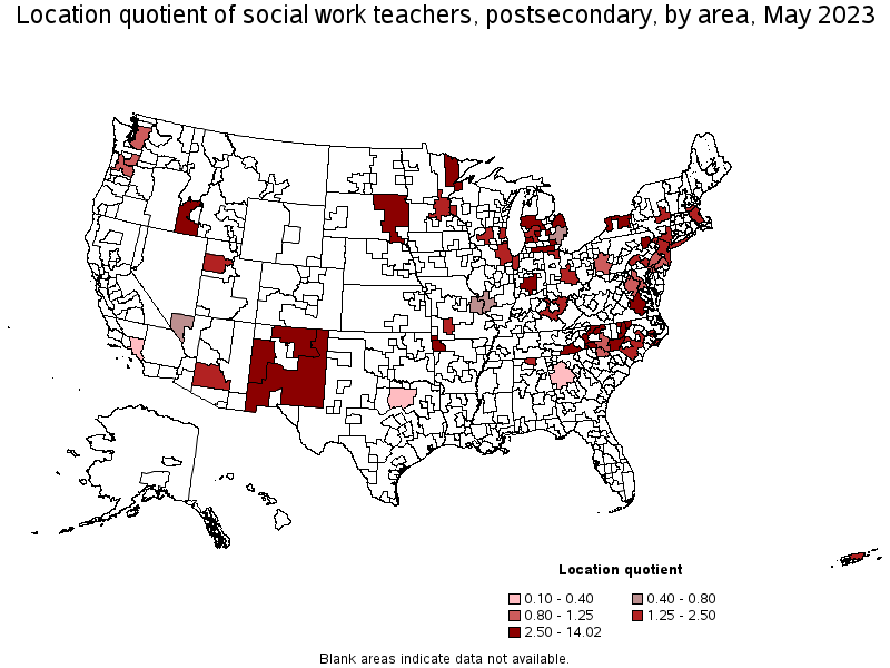 Map of location quotient of social work teachers, postsecondary by area, May 2023
