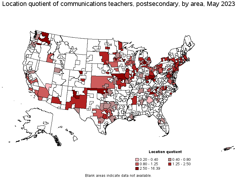 Map of location quotient of communications teachers, postsecondary by area, May 2023