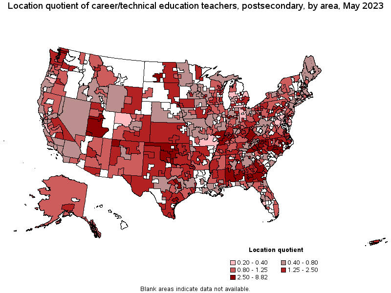 Map of location quotient of career/technical education teachers, postsecondary by area, May 2023