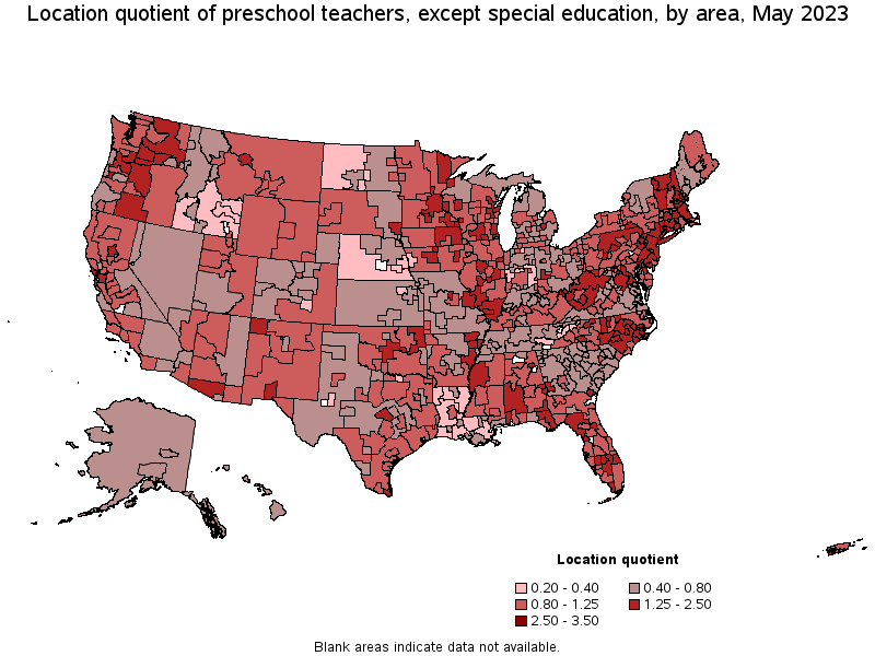 Map of location quotient of preschool teachers, except special education by area, May 2023