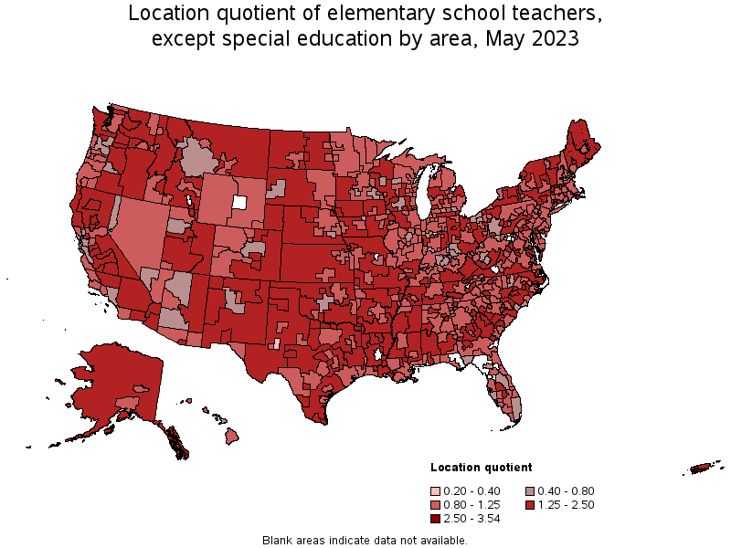 Map of location quotient of elementary school teachers, except special education by area, May 2023