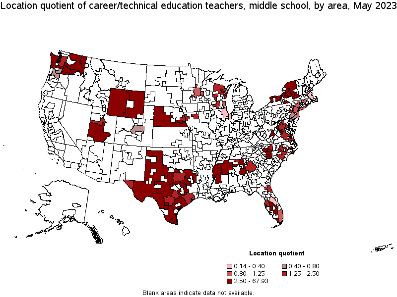 Map of location quotient of career/technical education teachers, middle school by area, May 2023