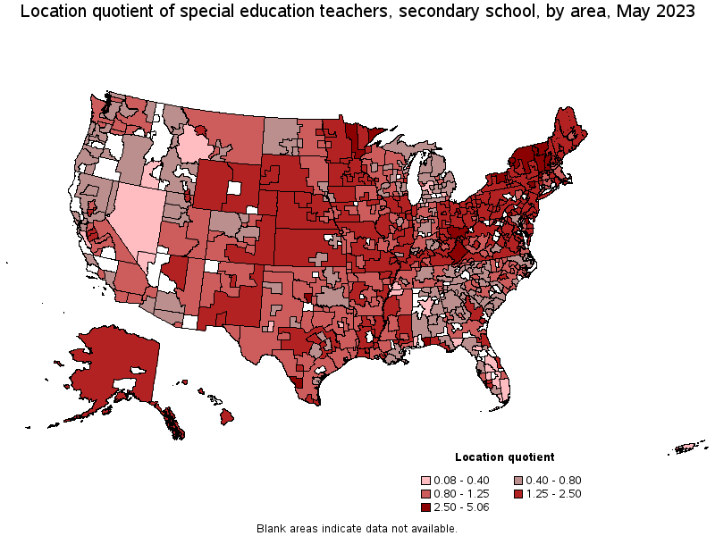 Map of location quotient of special education teachers, secondary school by area, May 2023