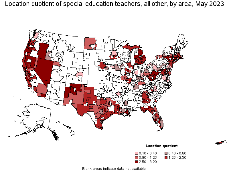 Map of location quotient of special education teachers, all other by area, May 2023