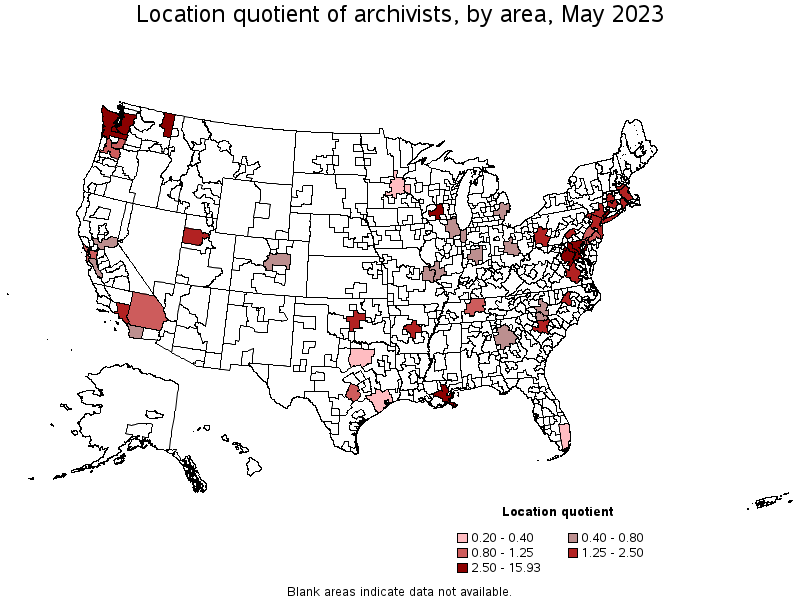 Map of location quotient of archivists by area, May 2023