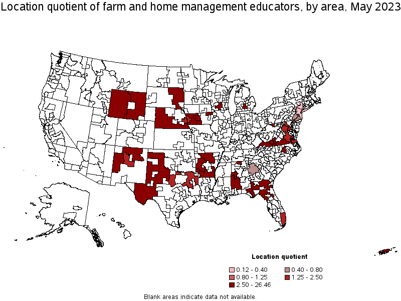 Map of location quotient of farm and home management educators by area, May 2023