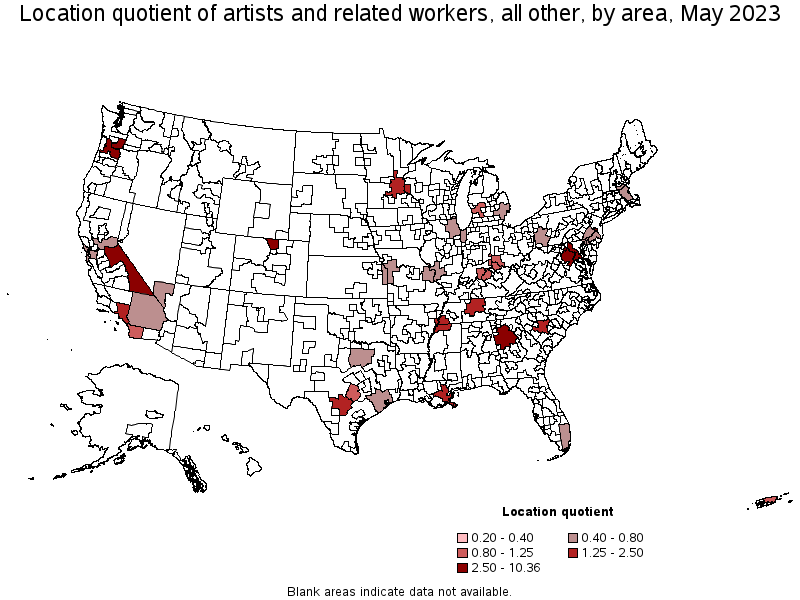 Map of location quotient of artists and related workers, all other by area, May 2023