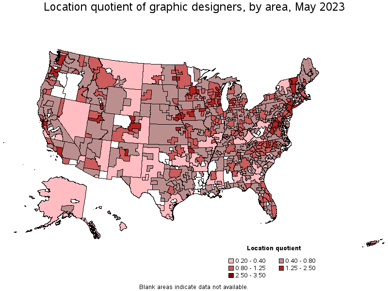 Map of location quotient of graphic designers by area, May 2023