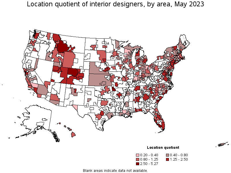 Map of location quotient of interior designers by area, May 2023