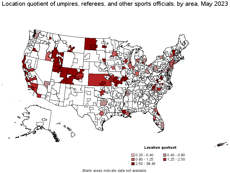 Map of location quotient of umpires, referees, and other sports officials by area, May 2023