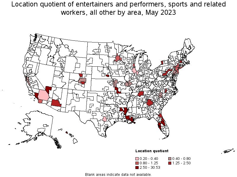 Map of location quotient of entertainers and performers, sports and related workers, all other by area, May 2023