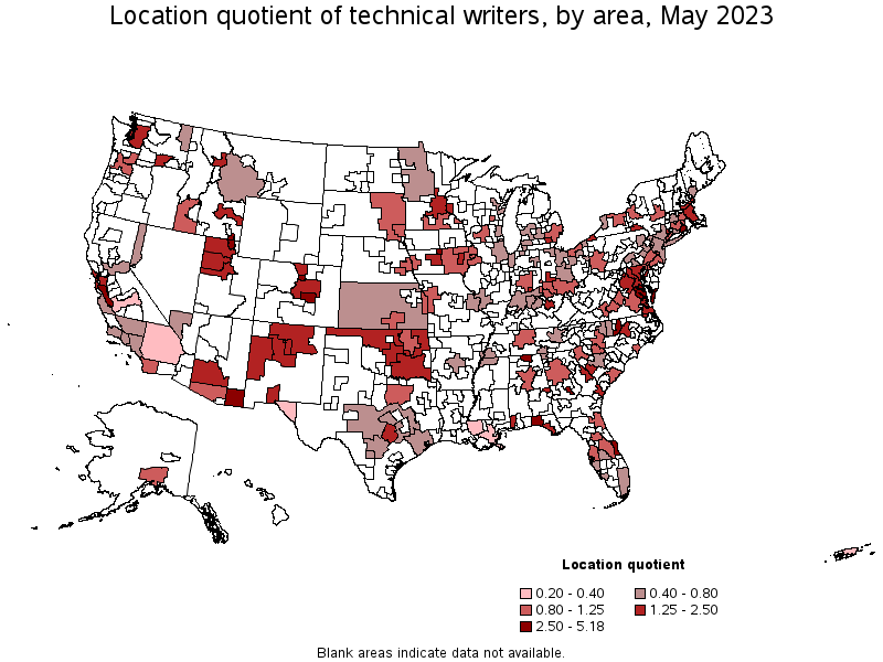 Map of location quotient of technical writers by area, May 2023