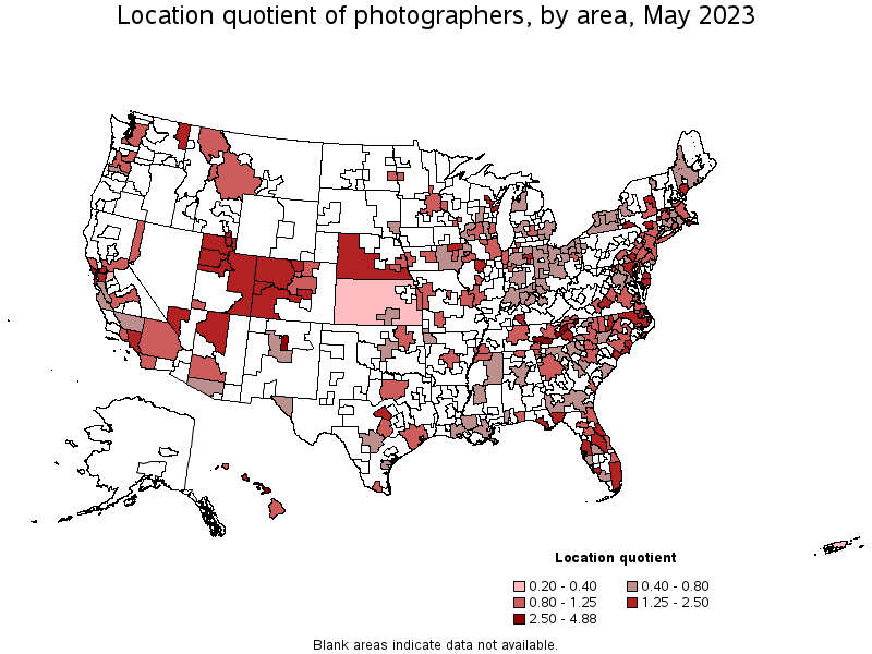 Map of location quotient of photographers by area, May 2023