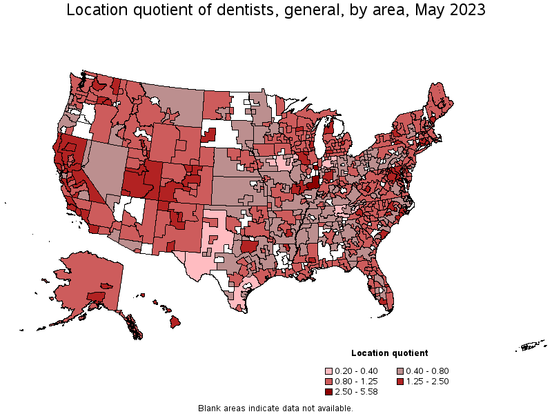 Map of location quotient of dentists, general by area, May 2023