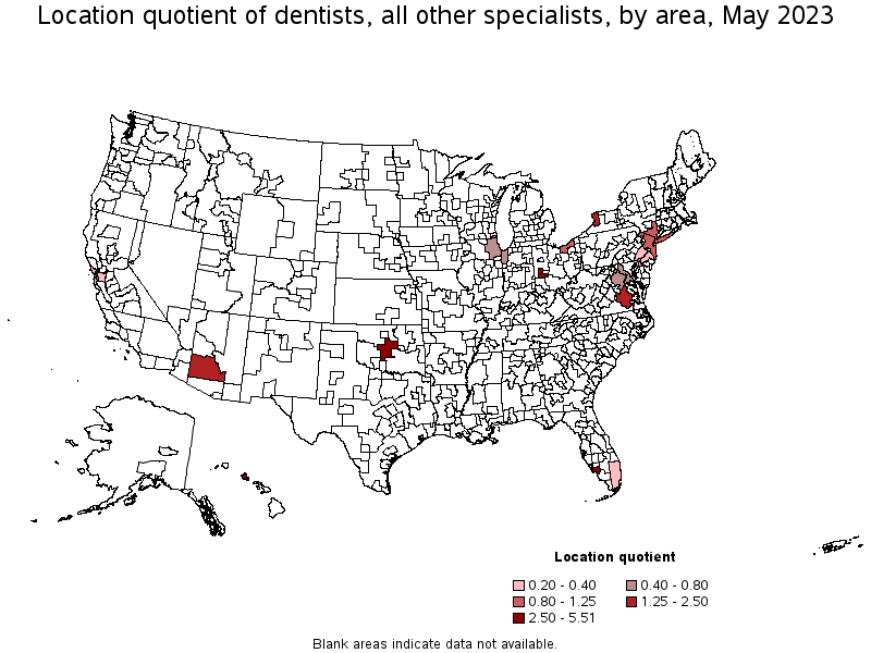Map of location quotient of dentists, all other specialists by area, May 2023