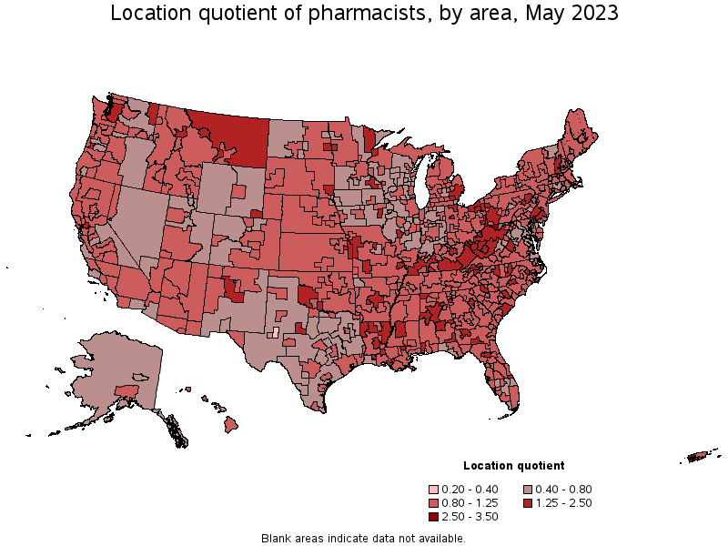 Map of location quotient of pharmacists by area, May 2023