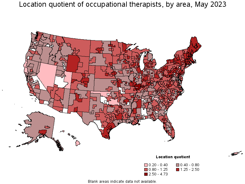 Map of location quotient of occupational therapists by area, May 2023