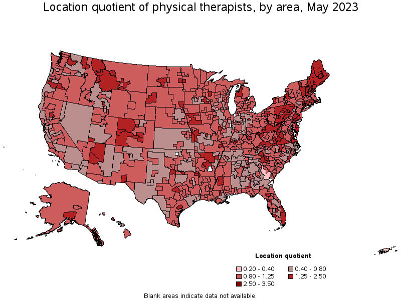 Map of location quotient of physical therapists by area, May 2023