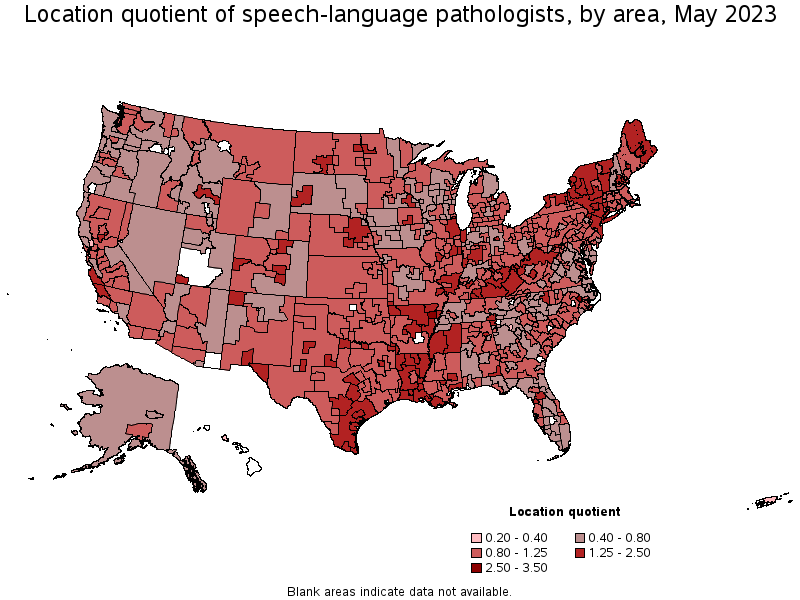 Map of location quotient of speech-language pathologists by area, May 2023