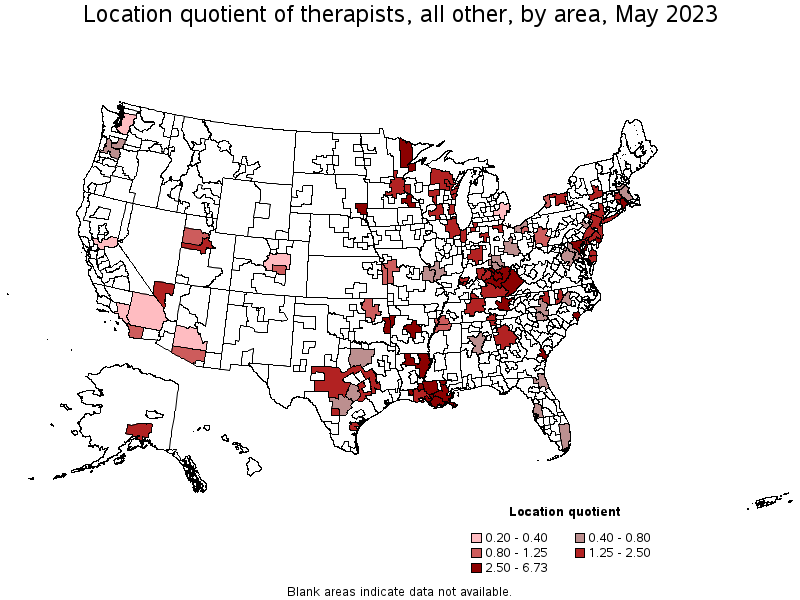 Map of location quotient of therapists, all other by area, May 2023
