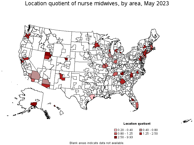 Map of location quotient of nurse midwives by area, May 2023