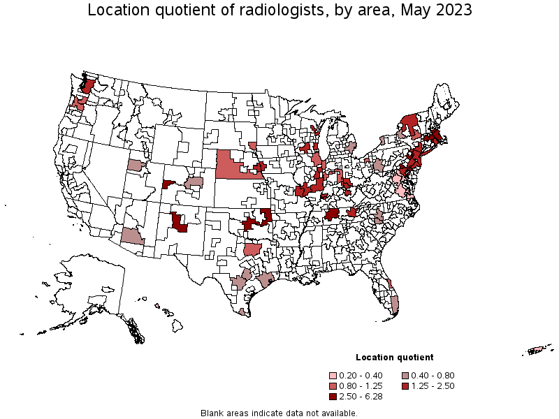 Map of location quotient of radiologists by area, May 2023