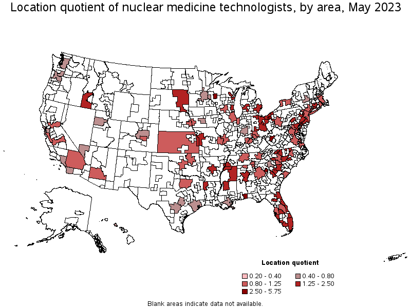 Map of location quotient of nuclear medicine technologists by area, May 2023
