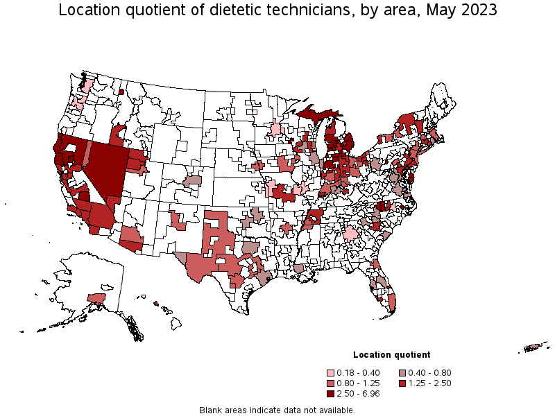 Map of location quotient of dietetic technicians by area, May 2023