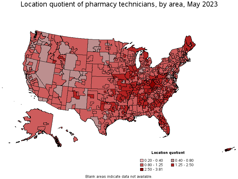 Map of location quotient of pharmacy technicians by area, May 2023