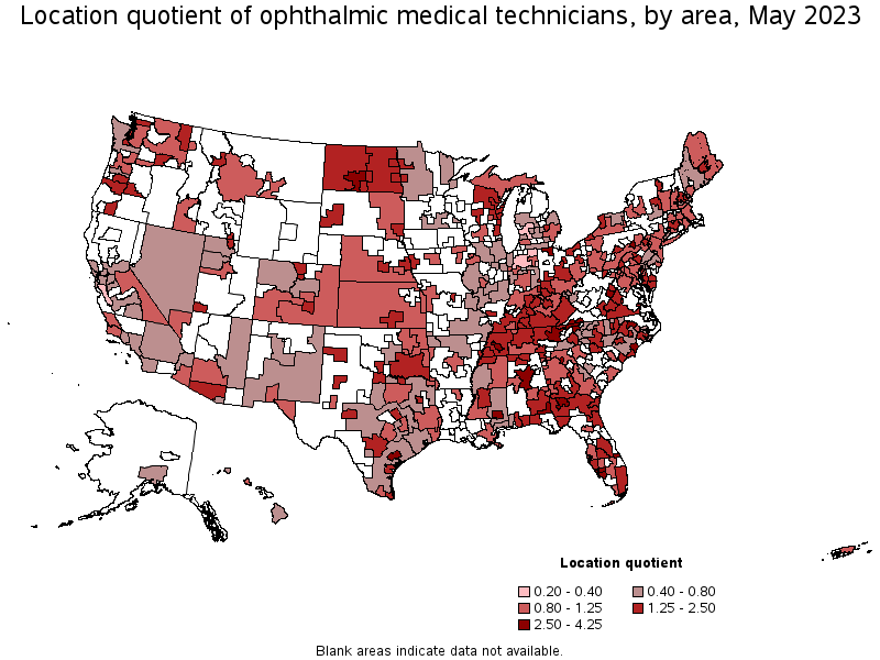 Map of location quotient of ophthalmic medical technicians by area, May 2023