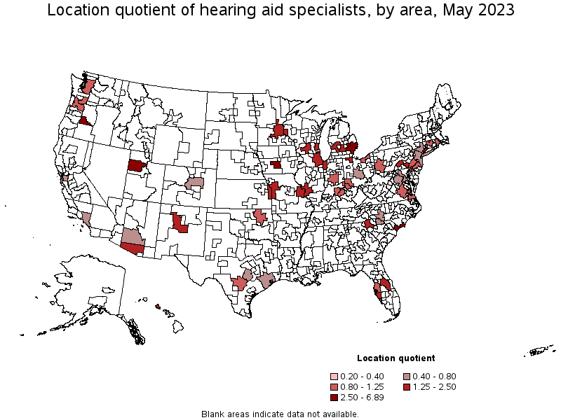 Map of location quotient of hearing aid specialists by area, May 2023