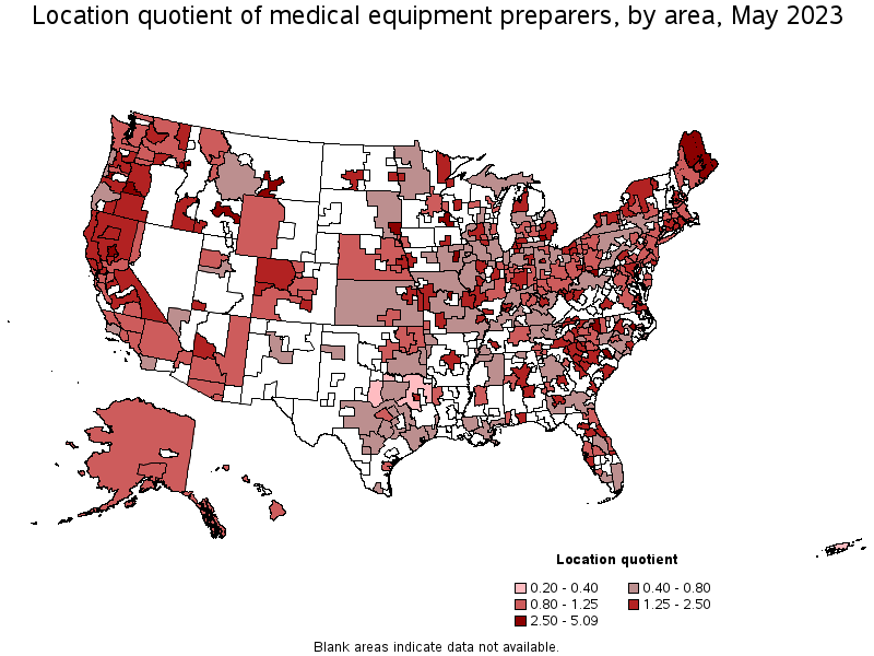 Map of location quotient of medical equipment preparers by area, May 2023