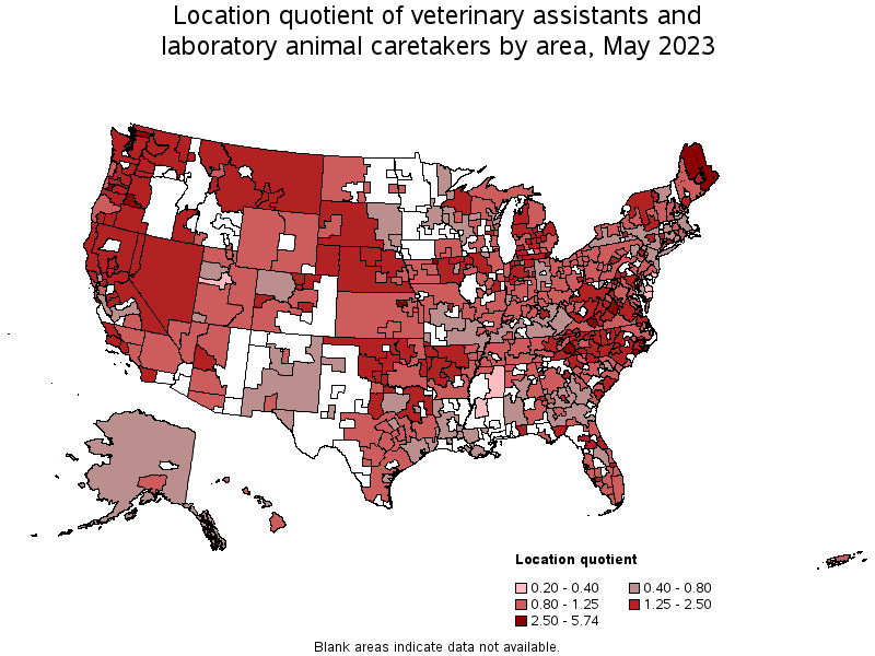 Map of location quotient of veterinary assistants and laboratory animal caretakers by area, May 2023