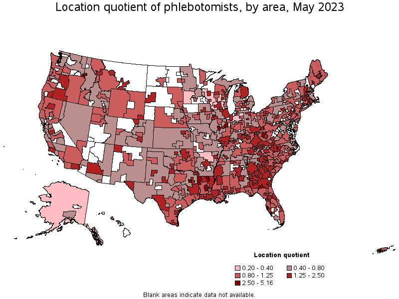 Map of location quotient of phlebotomists by area, May 2023