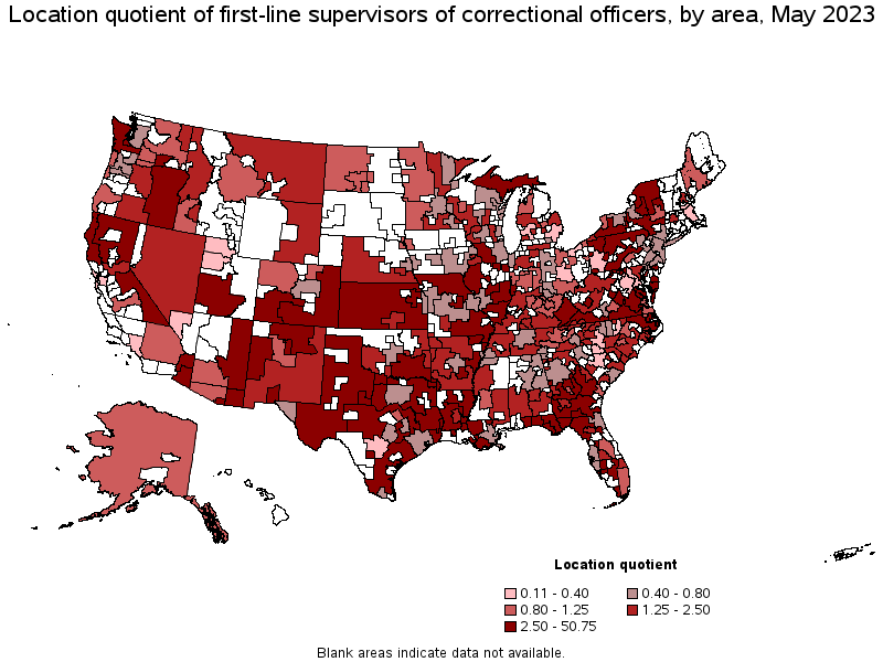 Map of location quotient of first-line supervisors of correctional officers by area, May 2023